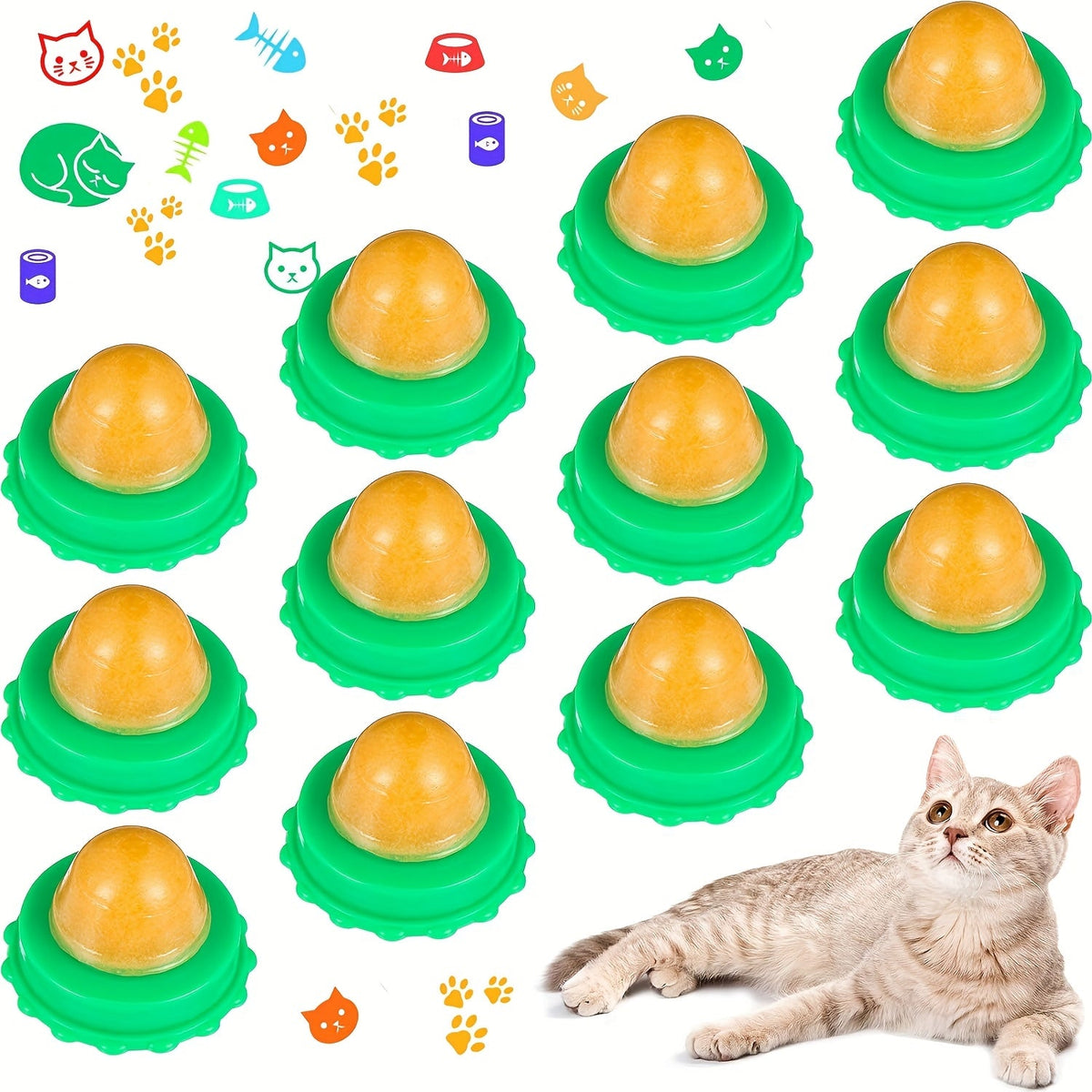 [Lickable Cat Treat] 12pcs Lickable Cat Treat Balls - Consumable Pet Herb Snacks for Play & Health, Easy-to-Use Sugar Balls for Cats, Promotes Hydration & Tongue Strengthening, Green Base with Yellow Top