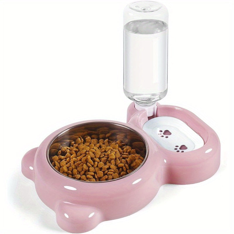 2Combination1（Pink）Stainless Steel Pet Bowl Automatic Pet Feeder And Water Dispenser，Suitable for cats and small dogs，Plastic Food Storage Containers，Non-Slip，No Power Supply Required，No Battery Required