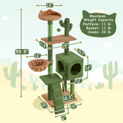 Costoffs 59.5 Inch Card Grave Shape Designed Indoor Cat Tree Tower，Large Multi-Level Cat Tree Climbing Frame，Comes with a basket and platform，green