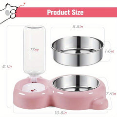 2Combination1（Pink）Stainless Steel Pet Bowl Automatic Pet Feeder And Water Dispenser，Suitable for cats and small dogs，Plastic Food Storage Containers，Non-Slip，No Power Supply Required，No Battery Required