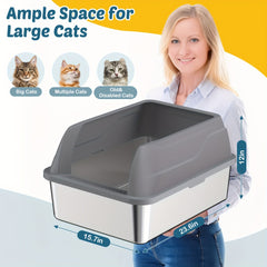 Tinsns 2Packaged Extra Large Stainless Steel Cat Litter Box with Lid，Steel Cat Litter Box Suitable for Tall Cats, Large Cats, and Multiple Cats，XL Metal Cat Litter Box，Prevents Urine Leakage，Non-stick and easy to clean，Includes a cat litter scoop and a te