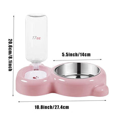 2Combination1（Pink）Stainless Steel Pet Bowl Automatic Pet Feeder And Water Dispenser，Suitable for cats and small dogs，Plastic Food Storage Containers，Non-Slip，No Power Supply Required，No Battery Required