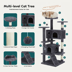 54Cat Tree-Inch Tower，Multi-layer Fuzzy Pet Furniture with Sisal Scratching Posts，Large Cat Nest，Climbing Ladder，Platform，Indoor cats and kittens playing、Exercise、Resting Sturdy Fluff Entertainment Toy，With anti-tilt device，Easy to Assemble
