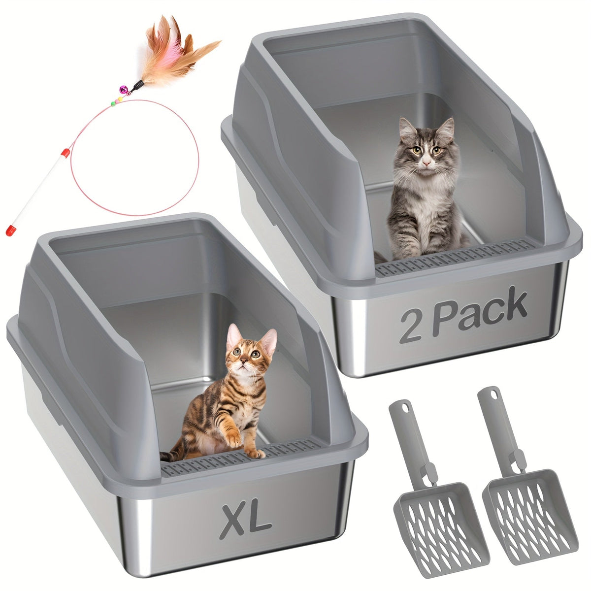 Tinsns 2Packaged Extra Large Stainless Steel Cat Litter Box with Lid，Steel Cat Litter Box Suitable for Tall Cats, Large Cats, and Multiple Cats，XL Metal Cat Litter Box，Prevents Urine Leakage，Non-stick and easy to clean，Includes a cat litter scoop and a te