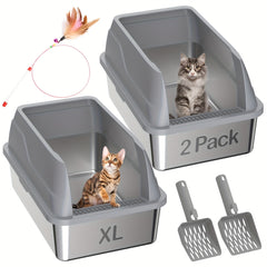 Tinsns 2Packaged Extra Large Stainless Steel Cat Litter Box with Lid，Steel Cat Litter Box Suitable for Tall Cats, Large Cats, and Multiple Cats，XL Metal Cat Litter Box，Prevents Urine Leakage，Non-stick and easy to clean，Includes a cat litter scoop and a te