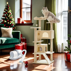 Cat Tree Tower - Indoor Cat Playing，54 Inches High，Playhouse and Scratching Post，Climbing Ladder - Pet Grooming Kit 5 Combination 1，Strong Suction Cup，With trimming scissors - Meet your pet's basic needs（Can be purchased individually or as a set）