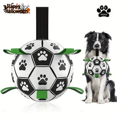 Interactive Dog Football with Strap - Durable Rubber Pull Toy for All Breeds，Perfect for retrieving balls and playing，Perfect gift for puppies and dogs of all sizes - Black、White and green design，BS NOW
