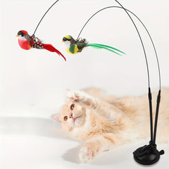 Interactive Cat Toy Wand Set - Authentic Bird-Shaped Design，Hands-Free Long Pole Double Rod，With bell and strong suction cup，Suitable for active games、Hunting Training and Exercise - Durable Polyester Blend Material，Battery-Free Artificial Feather Random