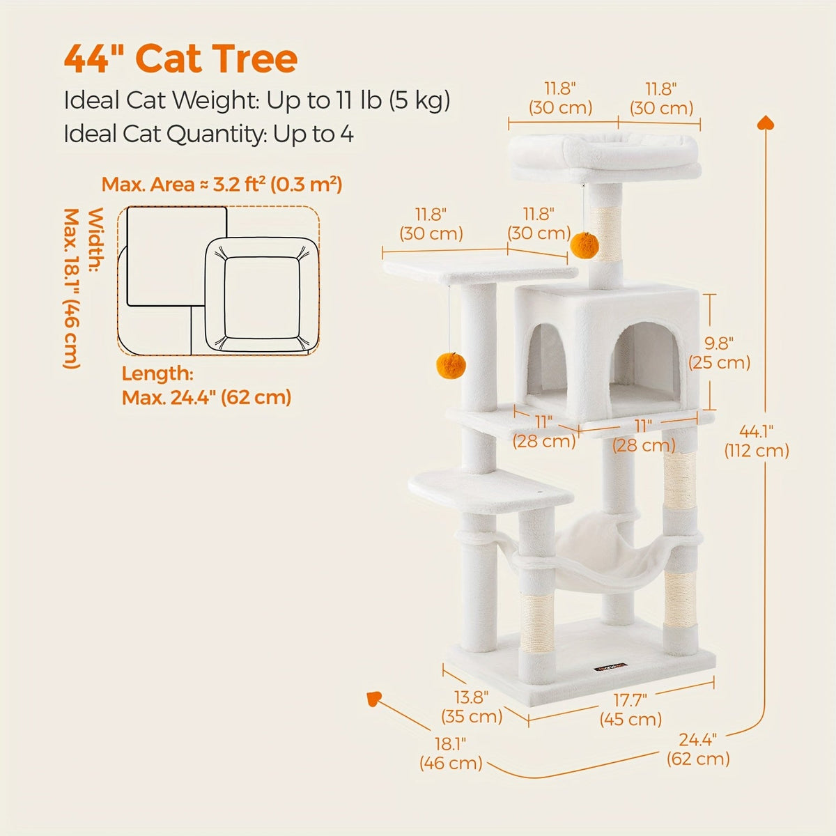 66.1/44.1in Cat Tree, Large Cat Tower with 13 Scratching Posts, 2 Perches, 2 Caves, Hanging Basket & Hammock, Pompoms, Stable Kitty Play House, Multi-Level Plush Cat Condo for Indoor Cat, Easy to Assemble, Perfect Children's Day Gift for Pet Families