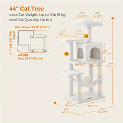66.1/44.1in Cat Tree, Large Cat Tower with 13 Scratching Posts, 2 Perches, 2 Caves, Hanging Basket & Hammock, Pompoms, Stable Kitty Play House, Multi-Level Plush Cat Condo for Indoor Cat, Easy to Assemble, Perfect Children's Day Gift for Pet Families