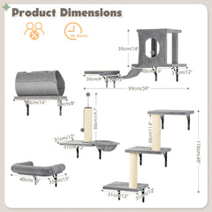 7pcs Wall-Mounted Cat Shelf，6pcs Premium Wall-Mounted Cat Climbing Frame Set，Indoor Cat Furniture，Including 1 A Cat's Apartment，2 Cat Wall Shelf，1 Cat Scratching Post，1 Cat Bridge Ladder，Cat Tunnel，Suitable for cats of all sizes