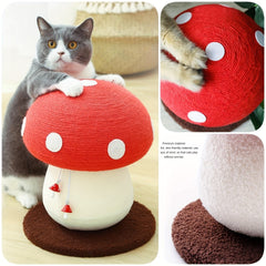 Cute Mushroom-Shaped Cat Scratching Post - Durable sisal rope，Comes with a plush base and white dots，Includes hanging toy ball - Perfect for indoor cats