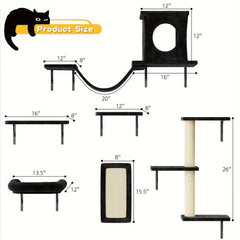 7pcs Wall-Mounted Cat Shelf，6pcs Premium Wall-Mounted Cat Climbing Frame Set，Indoor Cat Furniture，Including 1 A Cat's Apartment，2 Cat Wall Shelf，1 Cat Scratching Post，1 Cat Bridge Ladder，Cat Tunnel，Suitable for cats of all sizes