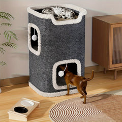 plaid Multi-Level Cat House - Soft and Durable Sisal Cat Tower，With Grab Handle，Warm Apartment Nest，Suitable for sleep、Rest and play - Suitable for All Seasons，Cat Furniture