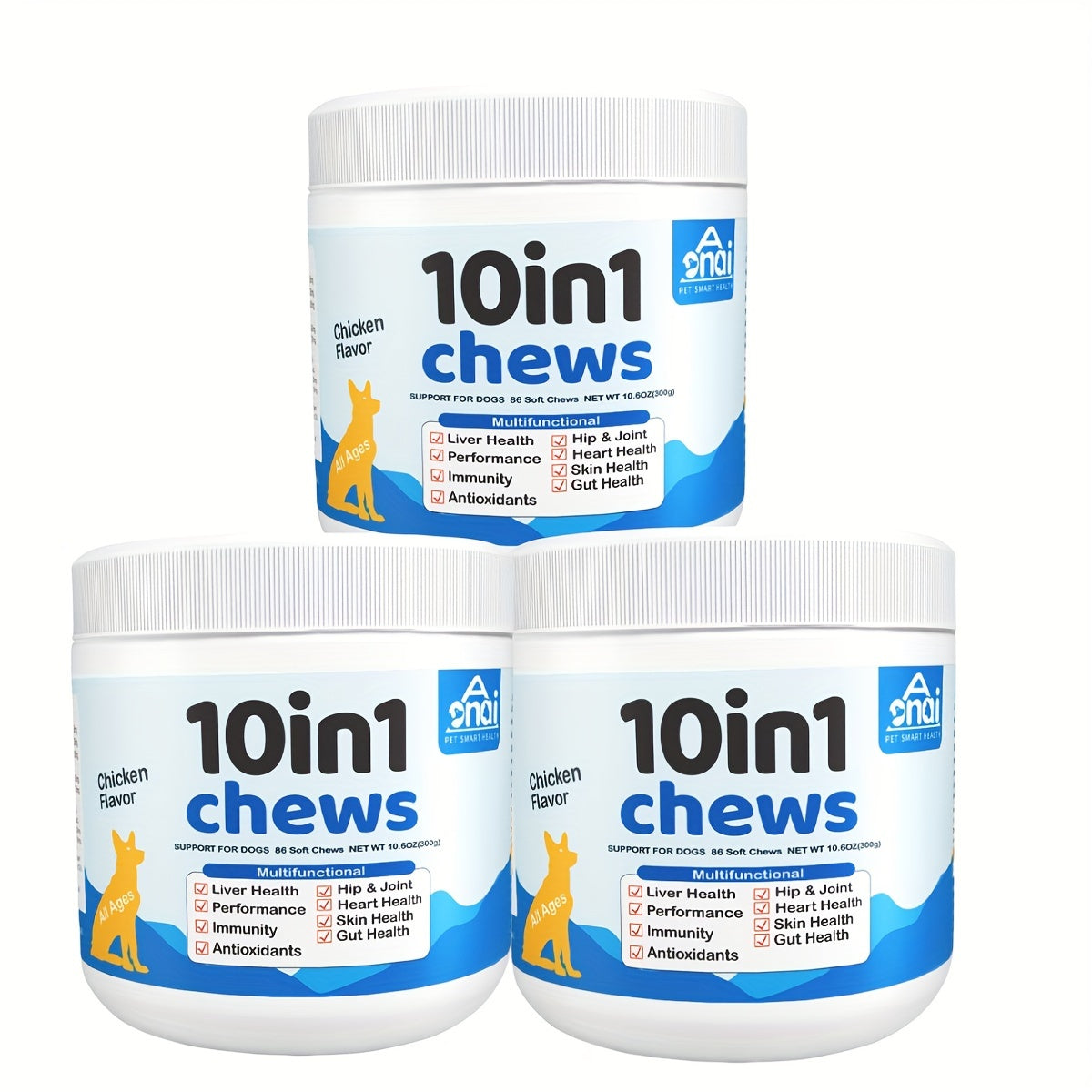 3 Packs (3*300g/10.6oz) Aonai Brands Advanced Ultimate 10-in-1 Canine Soft Chews - Supports Liver, Skin, Gut, Immunity, Heart, Antioxidant, Performance, Joint Health, And Overall Wellness With Delicious Chicken Flavor