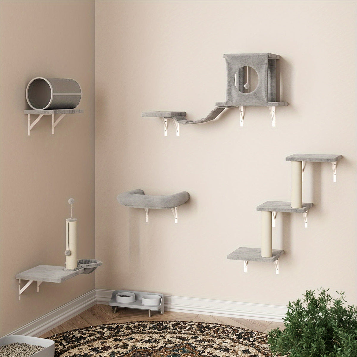 Luxury Cat Walls, Cat Climber Set With Cat House, Tunnel, Bridge, Tree, Steps, Scratcher Board, Hammock, And Cat Shelves, Bifanuo Wall Mounted Cat Furniture Set For Indoor