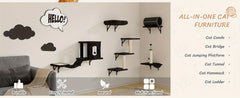 Cat Furniture Set，7Piece Wall Mounted Cat Furniture，Cat Climbing Frame with Cat House、Tunnel、Bridge、Tree、Steps、Scratching Post and Hammock，Indoor Cat Stand，Luxurious Cat Wall - Black