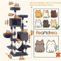 66.1/44.1in Cat Tree, Large Cat Tower with 13 Scratching Posts, 2 Perches, 2 Caves, Hanging Basket & Hammock, Pompoms, Stable Kitty Play House, Multi-Level Plush Cat Condo for Indoor Cat, Easy to Assemble, Perfect Children's Day Gift for Pet Families