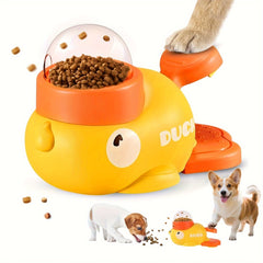 Little Yellow Duck Design，Press-type Automatic Feeder Toy with Rotating Bowl，No Battery Required，Durable Plastic Design，Suitable for use with large, medium, and small dogs