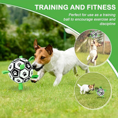 Interactive Dog Football with Strap - Durable Rubber Pull Toy for All Breeds，Perfect for retrieving balls and playing，Perfect gift for puppies and dogs of all sizes - Black、White and green design，BS NOW
