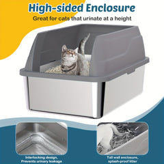 Tinsns 2Packaged Extra Large Stainless Steel Cat Litter Box with Lid，Steel Cat Litter Box Suitable for Tall Cats, Large Cats, and Multiple Cats，XL Metal Cat Litter Box，Prevents Urine Leakage，Non-stick and easy to clean，Includes a cat litter scoop and a te