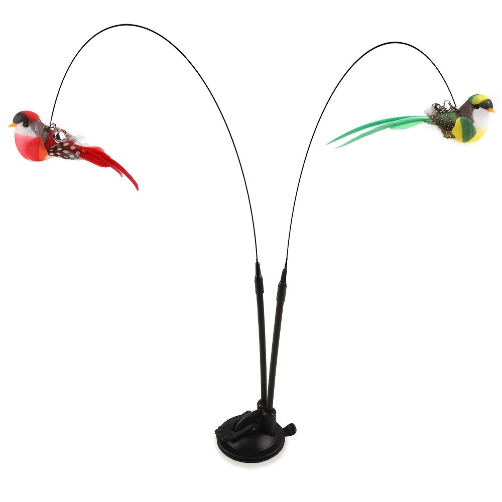 Interactive Cat Toy Wand Set - Authentic Bird-Shaped Design，Hands-Free Long Pole Double Rod，With bell and strong suction cup，Suitable for active games、Hunting Training and Exercise - Durable Polyester Blend Material，Battery-Free Artificial Feather Random