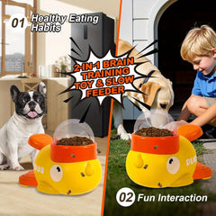Little Yellow Duck Design，Press-type Automatic Feeder Toy with Rotating Bowl，No Battery Required，Durable Plastic Design，Suitable for use with large, medium, and small dogs