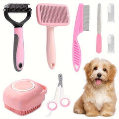 One Set 8 Dog Grooming Tools、Pet Self-Cleaning Kit、Pet Nail Clippers and Files、Flea comb、Pet Shampoo Bath Brush、Pet Hair Removal Brush、Pet hair remover、Silicone Toothbrush
