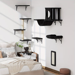 7pcs Wall-Mounted Cat Shelf，6pcs Premium Wall-Mounted Cat Climbing Frame Set，Indoor Cat Furniture，Including 1 A Cat's Apartment，2 Cat Wall Shelf，1 Cat Scratching Post，1 Cat Bridge Ladder，Cat Tunnel，Suitable for cats of all sizes