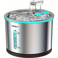 NPET WF210 Stainless Steel Cat Water Dispenser，50 Ounce/1.5 Liter Dishwasher-Safe Pet Water Dispenser with Visible Window，Ultra-Quiet Automatic Cat Water Dispenser with Light Suitable for Cats