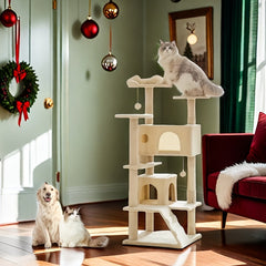 Cat Tree Tower - Indoor Cat Playing，54 Inches High，Playhouse and Scratching Post，Climbing Ladder - Pet Grooming Kit 5 Combination 1，Strong Suction Cup，With trimming scissors - Meet your pet's basic needs（Can be purchased individually or as a set）