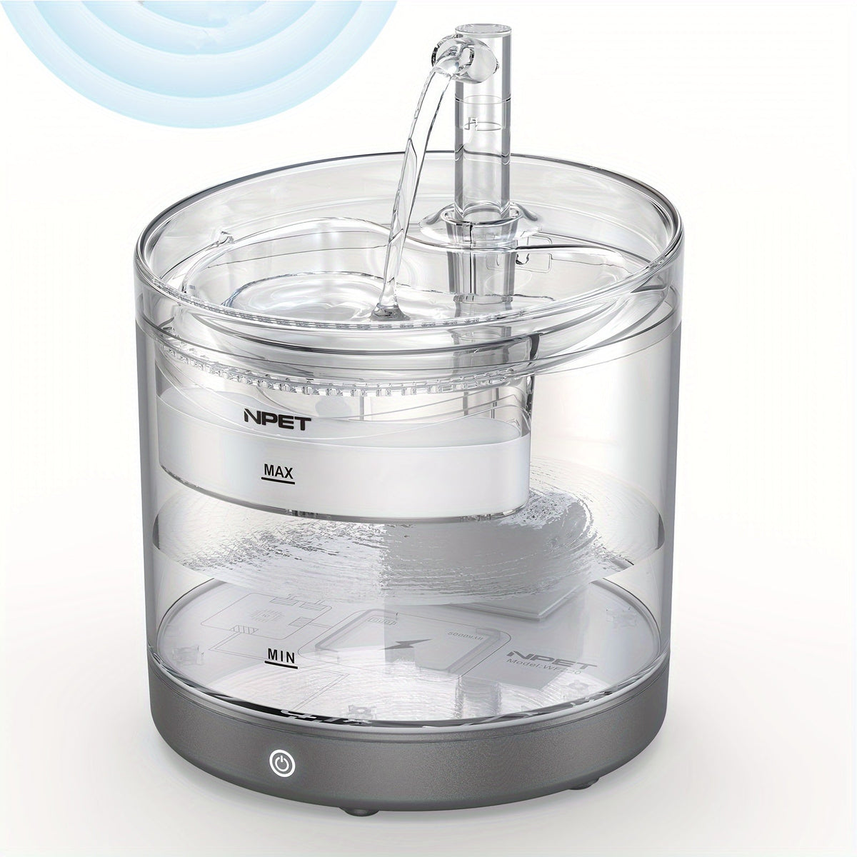 NPET WF050 1.5L Automatic USB Power Supply Cat Water Dispenser，3Layer filtration system，Ultra-quiet Pump and Transparent Design – Low Voltage（36V）Provides fresh and clean drinking water，Easy-to-clean material，Compact Pet Accessories，Reliable Pet Water Dis