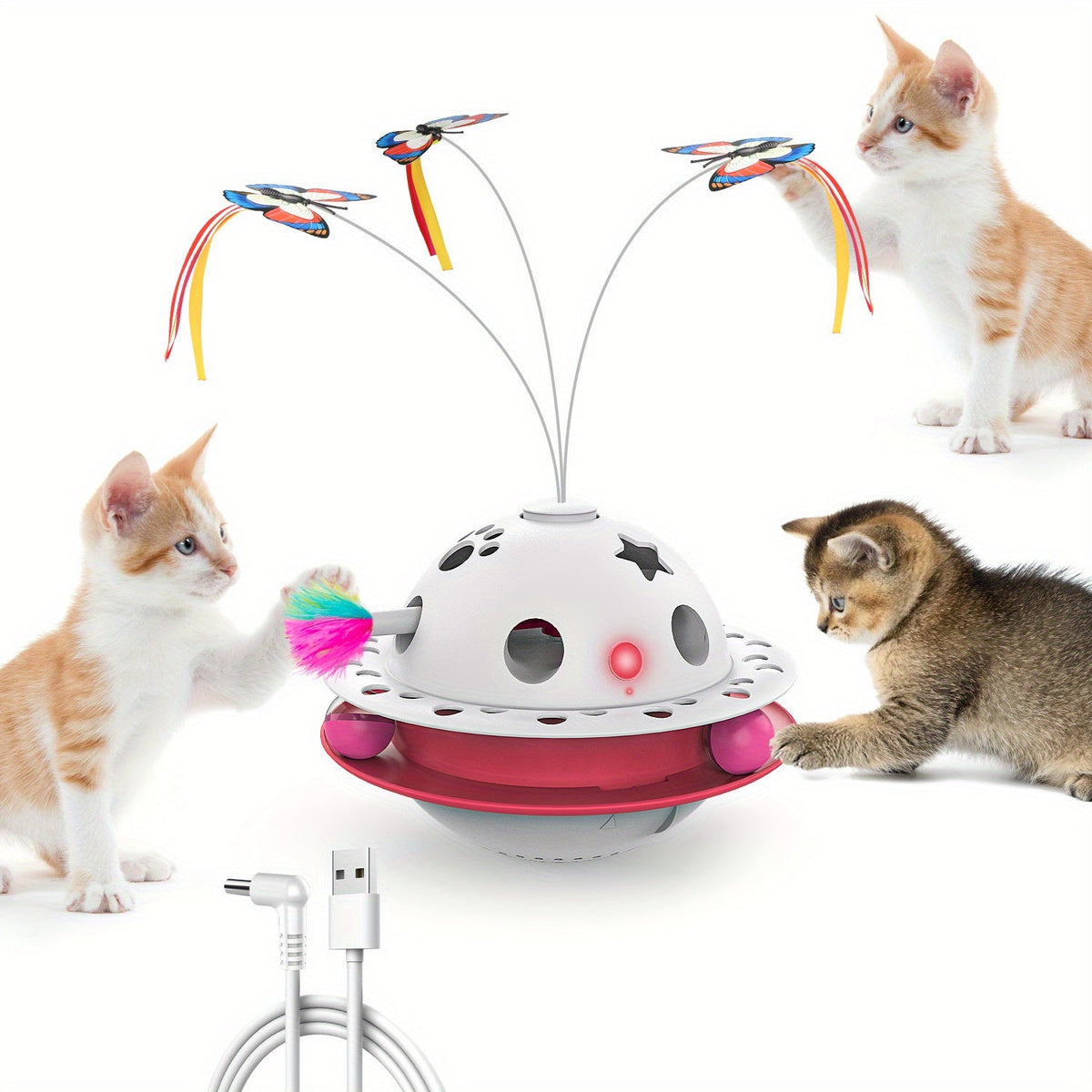 OREY 3 Combination 1 Cat toy，Smart Interactive Electronic Kitten Toy，With a Flying Butterfly，With randomly moving ambush feathers/Ball，Equipped with an upgraded imported motor，Protective Cat Safety Materials，Puzzle Cat Toy