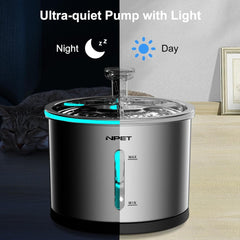 NPET WF210 Stainless Steel Cat Water Dispenser，50 Ounce/1.5 Liter Dishwasher-Safe Pet Water Dispenser with Visible Window，Ultra-Quiet Automatic Cat Water Dispenser with Light Suitable for Cats