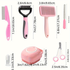 One Set 8 Dog Grooming Tools、Pet Self-Cleaning Kit、Pet Nail Clippers and Files、Flea comb、Pet Shampoo Bath Brush、Pet Hair Removal Brush、Pet hair remover、Silicone Toothbrush