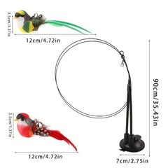 Interactive Cat Toy Wand Set - Authentic Bird-Shaped Design，Hands-Free Long Pole Double Rod，With bell and strong suction cup，Suitable for active games、Hunting Training and Exercise - Durable Polyester Blend Material，Battery-Free Artificial Feather Random
