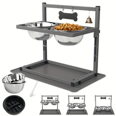Two-Stainless-Steel-Bowl Elevated Dog Feeder - Raised Bowls for Large and Medium Dogs with Adjustable Metal Stand and Non-Slip Silicone Mat for Easy Mealtime and Reduced Strain