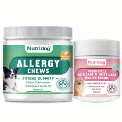 [Nutridog Dog Allergy Chews] Nutridog: Buy 1 Get 1 Free Dog Allergy Chews - 120 Chews Salmon Flavor + 2.6oz Multivitamin Chicken Flavor 30 Chews - Suitable for All Dogs