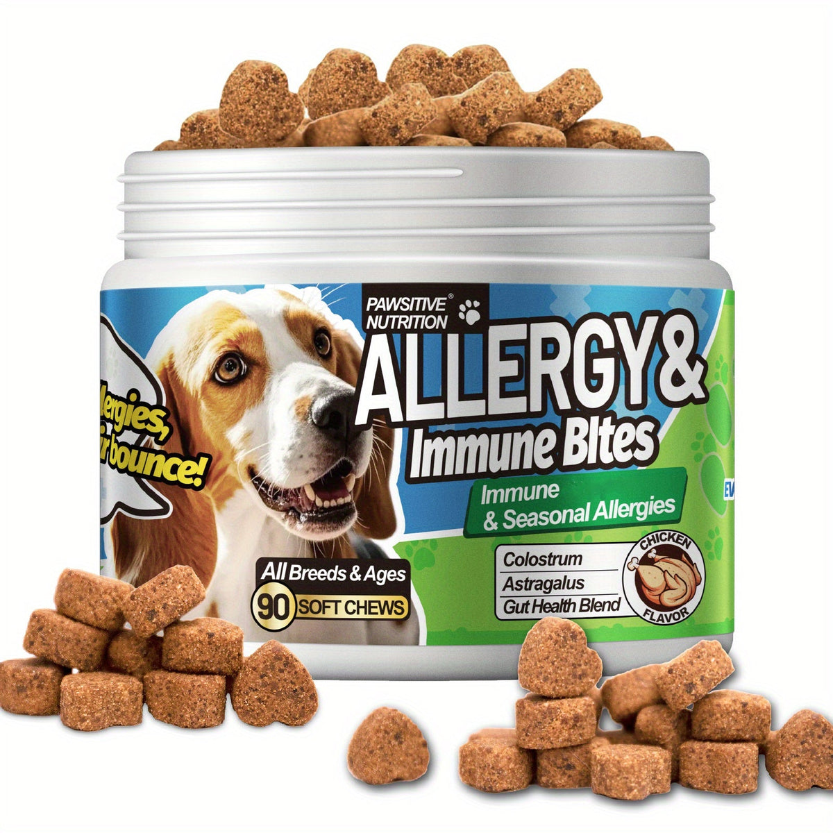 【Probiotic Gum】PAWSITIVE NUTRITION Probiotic Gum | All Dog Allergy and Immune Health - 6100 Million CFU，Gut Health and Cow's Milk colostrum、Dry fermentation、Gastrodia elata - Chicken Flavor，90A soft candy