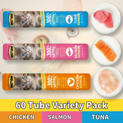 60 Tubes Cat Treats Cat Snacks, Cat Treats Lickable, Cat Food Wet, Grain-Free, Creamy Puree With Chicken, Salmon, And Tuna Variety Pack Of Lickable, 0.52 Ounces Each Tube
