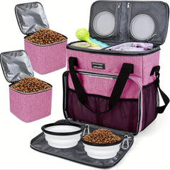 Dog Travel Bag, Pet Travel Bag (ALL Pet Travel Supplies), with 2 Pet Food Containers And 3 Collapsible Silicone Bowls; Essential Kits for Pet Travel Pink