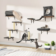 7pcs Wall-Mounted Cat Shelf，6pcs Premium Wall-Mounted Cat Climbing Frame Set，Indoor Cat Furniture，Including 1 A Cat's Apartment，2 Cat Wall Shelf，1 Cat Scratching Post，1 Cat Bridge Ladder，Cat Tunnel，Suitable for cats of all sizes