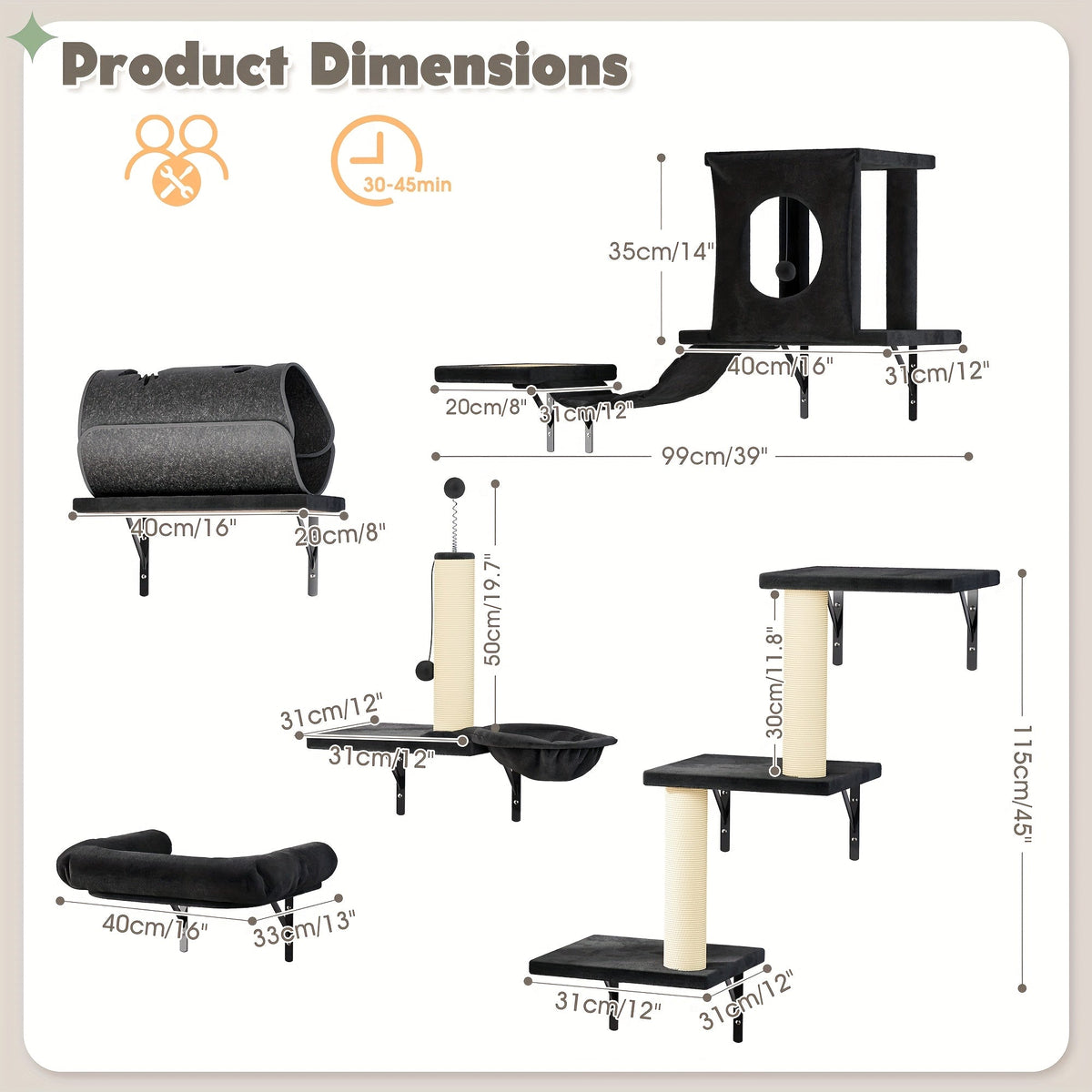 7pcs Wall-Mounted Cat Shelf，6pcs Premium Wall-Mounted Cat Climbing Frame Set，Indoor Cat Furniture，Including 1 A Cat's Apartment，2 Cat Wall Shelf，1 Cat Scratching Post，1 Cat Bridge Ladder，Cat Tunnel，Suitable for cats of all sizes