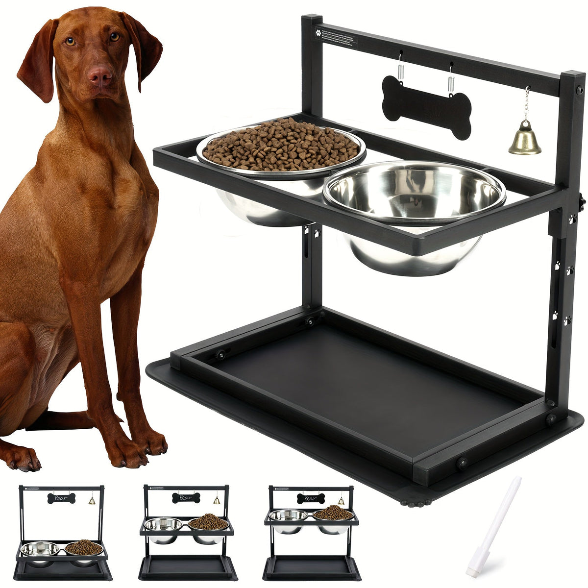 Two-Stainless-Steel-Bowl Elevated Dog Feeder - Raised Bowls for Large and Medium Dogs with Adjustable Metal Stand and Non-Slip Silicone Mat for Easy Mealtime and Reduced Strain
