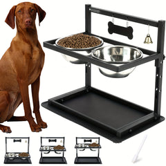 Two-Stainless-Steel-Bowl Elevated Dog Feeder - Raised Bowls for Large and Medium Dogs with Adjustable Metal Stand and Non-Slip Silicone Mat for Easy Mealtime and Reduced Strain