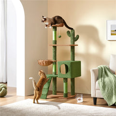 Costoffs 59.5 Inch Card Grave Shape Designed Indoor Cat Tree Tower，Large Multi-Level Cat Tree Climbing Frame，Comes with a basket and platform，green