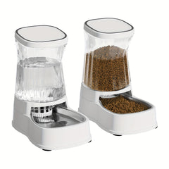 Automatic Pets Gravity Feeder And Water Dispenser Set, 1Gallon X 2 Stainless Steel Food Feeder And Waterer, 100% BPA-Free Water Bowl Dispenser For Small&Medium Dogs, Cats, Puppies (White), Without Battery