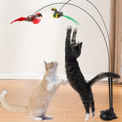 Interactive Cat Toy Wand Set - Authentic Bird-Shaped Design，Hands-Free Long Pole Double Rod，With bell and strong suction cup，Suitable for active games、Hunting Training and Exercise - Durable Polyester Blend Material，Battery-Free Artificial Feather Random