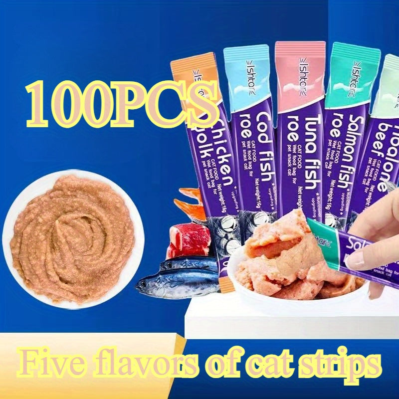 100Probiotic Strips for Weight Gain in Cats - Mixed five flavors（Salmon、Tuna、Cod），Lightweight Beige Moisturizing Snack，Wet food supplement for adult cats and kittens
