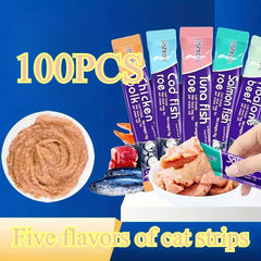 100Probiotic Strips for Weight Gain in Cats - Mixed five flavors（Salmon、Tuna、Cod），Lightweight Beige Moisturizing Snack，Wet food supplement for adult cats and kittens